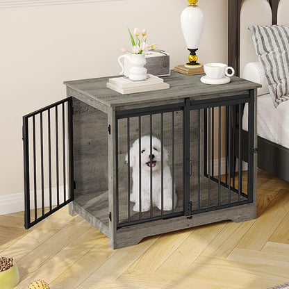 Hzuaneri 31.9" Dog Crate Furniture with Barn Door, Heavy Duty Dog Kennel Indoor with 2 Doors, Wooden Pet Cage End Table for Small Medium Dogs up to 44 lb, Anti-Chew Anti-Escape, Greige DFC83605B