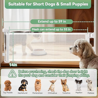 2 Packs Set 14" Tall Short Dog Gate to Step Over, Retractable Mesh Pet Door for Small Puppy, Extended up to 55" Wide for Indoor Stairs Doorways and Hallway(White)