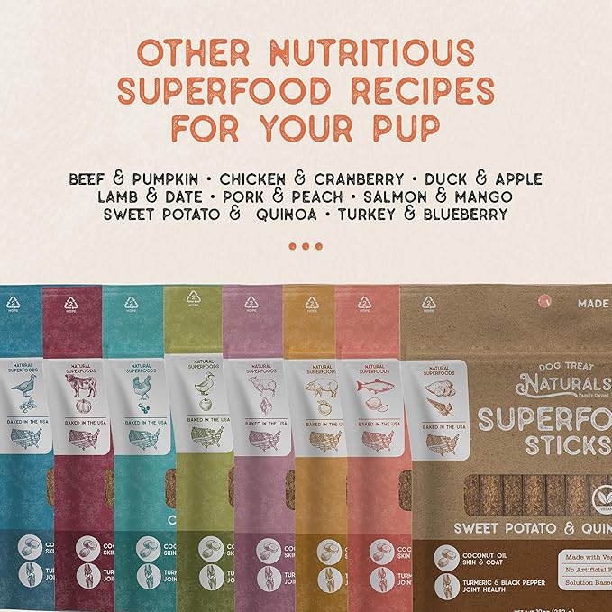 Dog Treat Naturals Superfood Sticks, Sweet Potato & Quinoa, 10oz Bag | Dog Chew Sticks | All-Natural, Pet Training Treats | Joint-Skin-Coat Health | USA Made