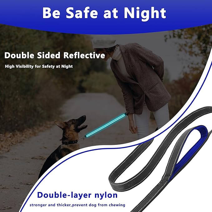 Dog Leash 5ft Long, Double Handle Dog Leash for Safety Control Training, Heavy Duty Dog Leads with Traffic Padded Handles, Reflective Leashes for Small Medium Large Dogs(5ft, Black Blue)