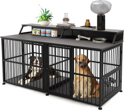 72 Inch Dog Crate Furniture for 2 Dogs, Wooden Dog Kennel Furniturewith Storage Shelf & Bowls, Heavy Duty Dual Dog Kennel End Table, Sturdy Dog Cage Furniture Dog Crate with Divider