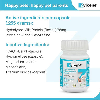 Vetoquinol Zylkene Calming Support Supplement for Small Dogs and Cats, Helps Promote Relaxation and Reduce External Stress Factors, Daily Behavioral Support and Anxiety Relief for Dogs and Cats, 75mg