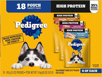 Pedigree High Protein Dog Food, Adult Wet Dog Food Pouches, Variety Pack, 3.5 oz. Pouches, 18 Count