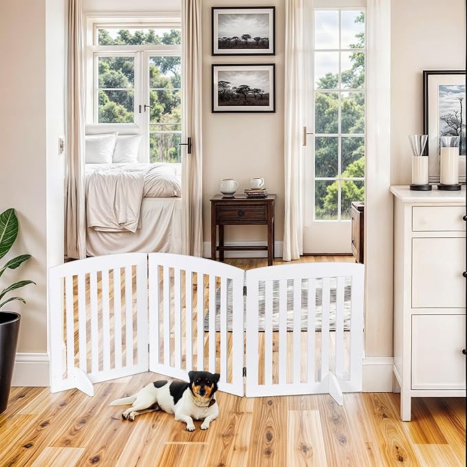 Dog Gate 61 x 24 Inch Freestanding Indoor Pet Door for House Doorways Stairs Halls, Foldable Wood Safety Fence 3 Panels, White