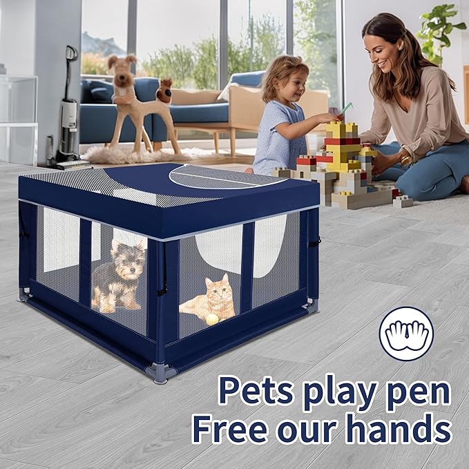 Dog Kitten Playpen with Play Pen Cover for Cat Indoor, 41 x41 x25.5 Puppy Playpen for Small Pet with See-Through Topper Proof Enclosed Door Dog Pen, Sturdy Warm Protable Play Pen for Cat