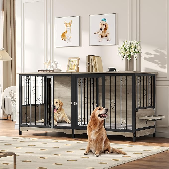 YITAHOME 71" Double Dog Crate Furniture with Divider, Wooden Large Dog Kennel with Flip-Top&4 Rotatable Bowls&2 Cushions, Dog Crate Furniture TV Stand for Medium Large Dogs, Grey