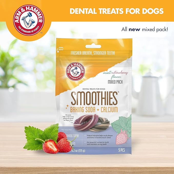 Arm & Hammer for Pets Smoothies Dental Treats for Dogs with Baking Soda & Calcium, Treat Chews Help Fight Bad Breath, Plaque & Tartar, Mint Strawberry & Mint, Ring Shaped, 5 Pcs