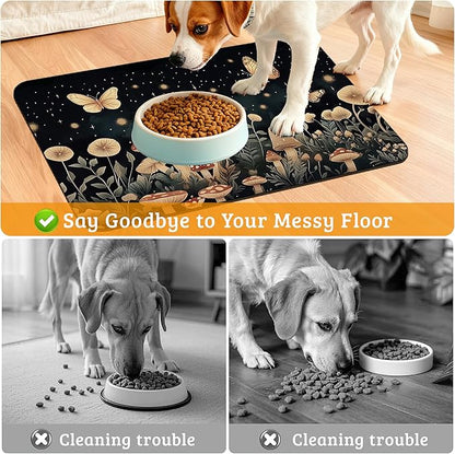 Fantasy Mushroom Dog Cat Food Mat,Butterfly Stars Absorbent Waterproof Placemat for Food and Water Non Slip Rubber Backing Durable Feeding Pad for Clean Floors 12" x 20"