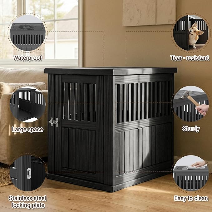 Fancyango Dog Crate Furniture End Table - Decorative Corner Dog House Table for Small to Medium Dogs, Indoor Plastic Dog Crate with Lockable Latch (Classic Black, 29.5" L x 21" W x 25.2" H)