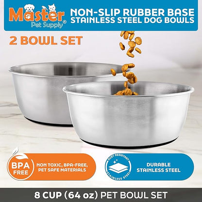 Master Pet Supply Stainless Steel Dog Bowls Set of 2 (64 Oz Each) with Non-Slip Rubber Base - Stainless Steel - Basic Dog Food Bowl Water & Food Bowls for Small Medium Large Dogs & Cats, Metal Dish