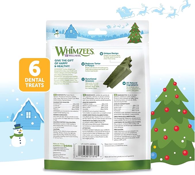 Wellness WHIMZEES Holiday Dog Dental Treat, Christmas Winter Seasonal Gift, Chews, Freshens Breath, Medium Size, 6.3 oz Bag, 6 Count