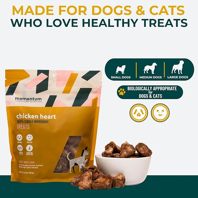 Momentum Carnivore Nutrition Freeze-Dried Chicken Heart Dog Treats & Cat Treats – Single-Ingredient, High-Protein, Grain-Free, Naturally Nutrient-Rich – Made in USA – 3.5 oz Bag