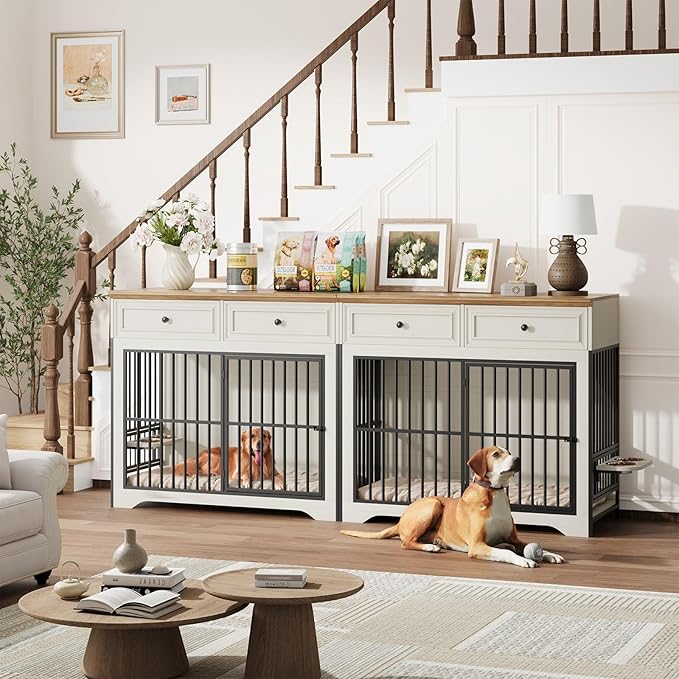 QUW 42" Modern Dog Crate Furniture, Wooden Dog Kennel for Medium to Large with 360° Rotating & 3-Levels Adjustable Height Dogs Bowl Holder, Decorative Dogs cage Pet House Indoor, Antique White