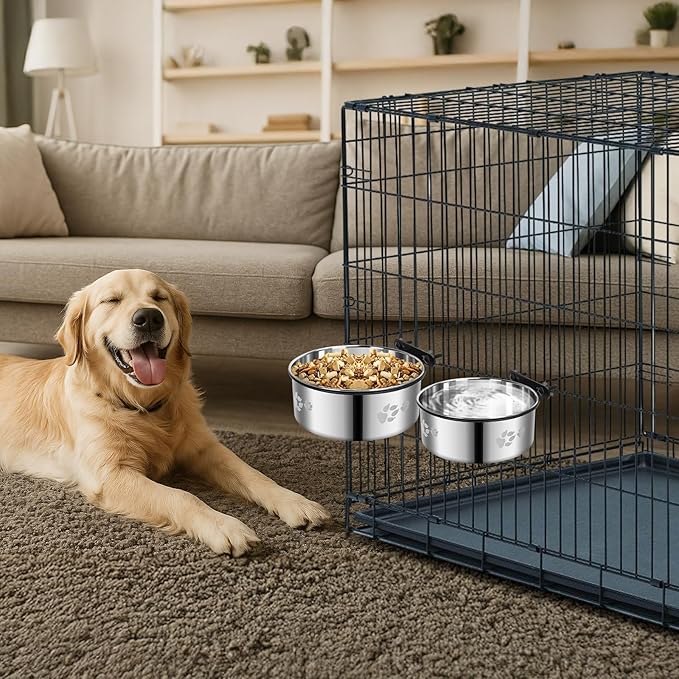 Dog Crate Water Food Bowl No Spill,2 Pack Hanging Dog Bowls for Kennel,Dogs Crate Water Feeder Dish,Stainless Steel Kennel Dogs Bowls Mountable for Cats Bunny Ferret Bird