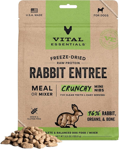 Vital Essentials Freeze Dried Dog Food, Raw Rabbit Crunchy Mini Nibs | Complete Meal or Topper | 96% Rabbit, Organs & Bone | Limited Ingredient, High Protein, Grain Free Dry Dog Food | 5.5 oz Bag