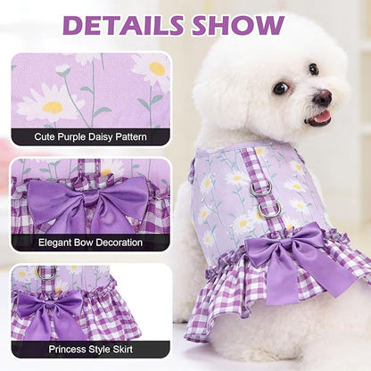 EXPAWLORER Dog Harness Small Medium Sized Dogs, Daisy Dog Dress Bowknot Harness and Leash Set, No Choke No Pull Soft Mesh Vest Cute Princess Puppy Outfits Clothes Costume for Girls Party Cats Purple S