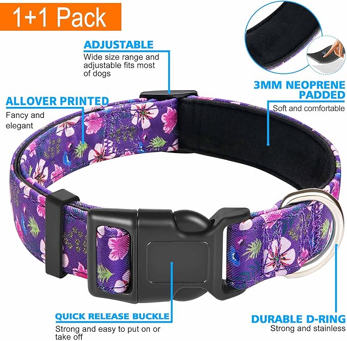 Ladoogo Reflective Dog Collar Padded with Soft Neoprene Breathable Adjustable Nylon Dog Collars for Small Medium Large Dogs (Small (Pack of 1), Purple/Pink Floral Collar+Leash)