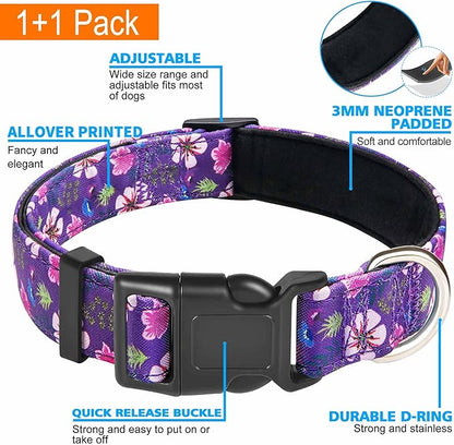 Ladoogo Reflective Dog Collar Padded with Soft Neoprene Breathable Adjustable Nylon Dog Collars for Small Medium Large Dogs (Small (Pack of 1), Purple/Pink Floral Collar+Leash)