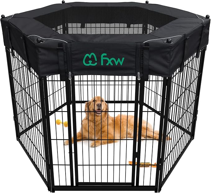 FXW Homeplus Indoor Dog Playpen with Hexagon Mesh Top Cover for Escape Prevention, 40 Inch 6 Panels Heavy Duty Dog Pen for Medium and Large Dogs, Black│Patented