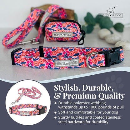 Lucky Love Dog - Easy Click Buckle Dog Collar with Leash Set Combo, Durable & Comfortable for Male & Female Dogs, Pet Collar for Large Dogs, Secure Fit - Floral Rosie Combo, Large