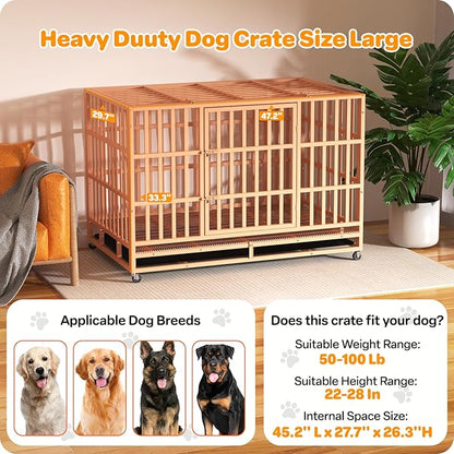 Hiwokk 48 Inch Heavy Duty Dog Crate, Indestructible Escape-Proof Dog Kennel for High Anxiety Large Dogs, Strong Metal Pet Cage with Double Doors, Lockable Wheels & Removable Tray, XL XXL XXXL