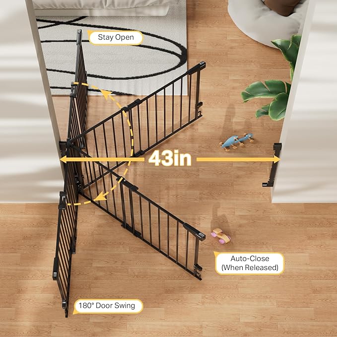 Cumbor 2 Pack 29.2-43" No Bottom Bar Baby Gate for Stairs, 2-in-1 Auto Close Dog Gate Indoor, Hardware Mounted Pet Gate for Doorways with Large Walk Thru Door, Child-Proof Safety Gate for Kids (Black)