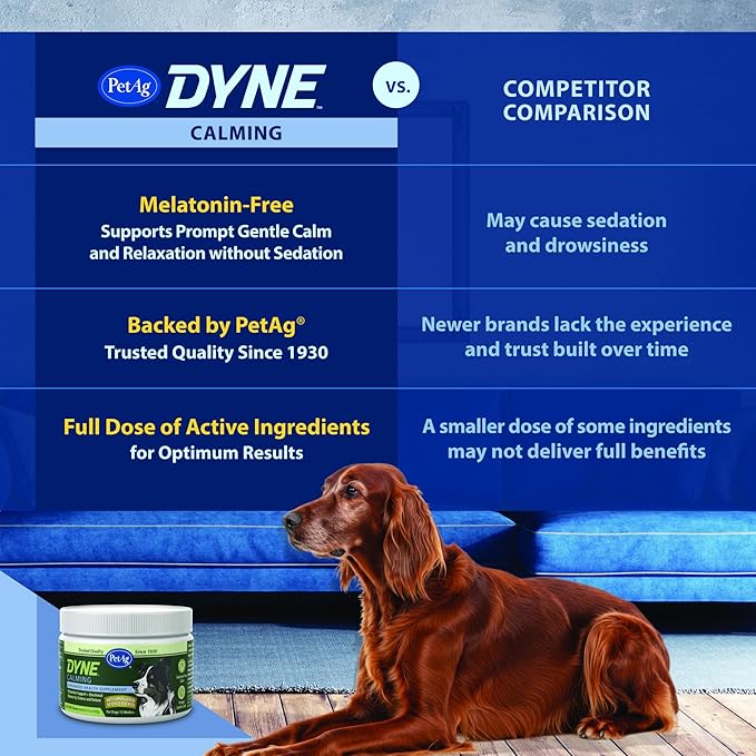 PetAg Dyne Soft Chews, Calming Supplement - Vet-Formulated for Dogs to Manage Normal Stress from Loud Noises, Travel & Separation - Non-Sedative - 60 Chicken Liver Flavor Chews