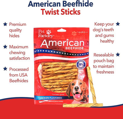 Pet Factory American Beefhide 5in Twist Sticks Dog Dental Chews - Natural Rawhide Dental Chews with Chicken Flavor for Small to Medium Dogs, Promotes Oral Health - 5 Inches (Pack of 1)