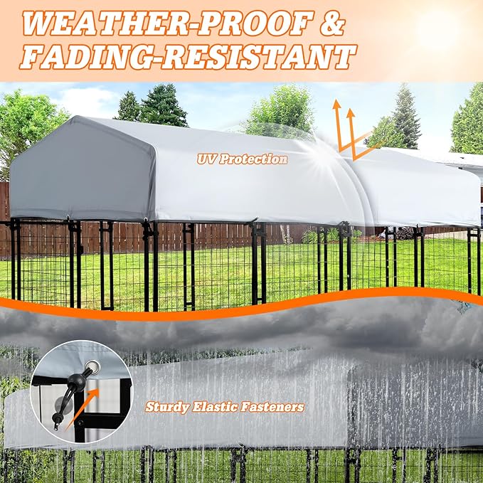 Outdoor Heavy Duty Large Dog Kennel Playpen - 8x4x6 Ft Welded Wire Steel Dog Run Enclosure Crate Cage with UV-Resistant Roof and Secure Lock for Chicken, Rabbit, Fox in Yard Patio Lawn