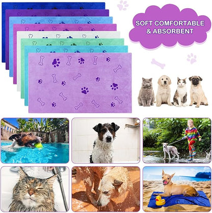 Chumia 8 Pcs Dog Towels for Drying Dogs Cats Pet Towels Bulk Puppy Microfiber Fast Drying Paw Bath Bathing Supplies Absorbent for Medium Pets(40 x 24 Inch,Dog Paw and Bone,Classic Color)