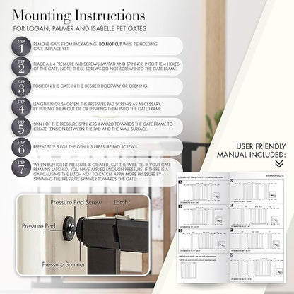 NMN Designs Logan Dog Gate - Indoor Pet Barrier and Wooden Dog Gate with Walk Through Swinging Door - Pressure Mounted for Walls and Stairs - Puppy Gates for the House - Expandable 29.5" to 51.5"