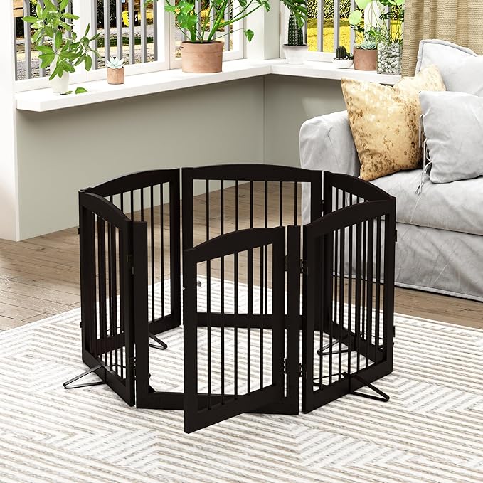 PUPETPO Freestanding Pet Gates with Walk Through Door, Dog Indoor Fence, Dog Gate for The House, Doorway, Stairs, Extra Wide Pet Gate, Support Feet Included, 120 Inch Wide, 6 Panels 24" Tall, Brown