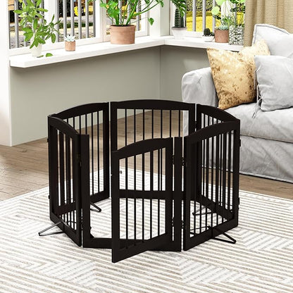 PUPETPO Freestanding Pet Gates with Walk Through Door, Dog Indoor Fence, Dog Gate for The House, Doorway, Stairs, Extra Wide Pet Gate, Support Feet Included, 120 Inch Wide, 6 Panels 24" Tall, Brown