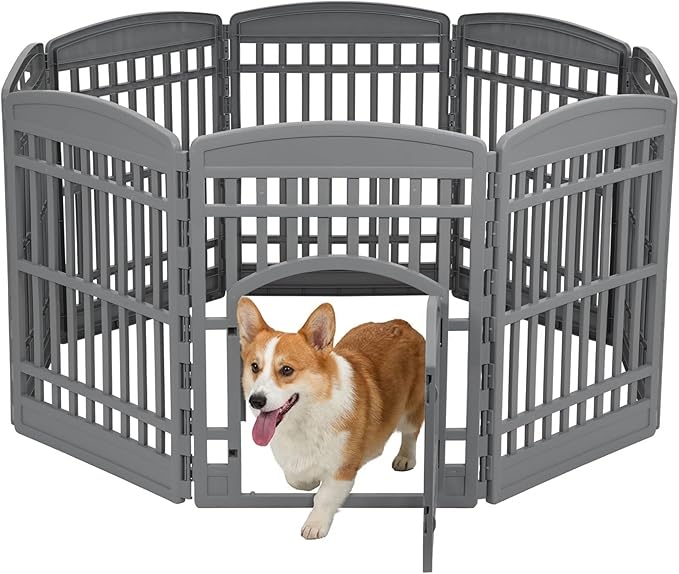 IRIS USA 34" Dog Playpen Tall Dog Playpen Indoor – 8-Panel Puppy Playpen with Door, 63 x 63 x 34, Extra Tall Dog Play Pen Indoors for Large Dogs, Plastic Pet Playpen, Indoor Dog Pen, Gray