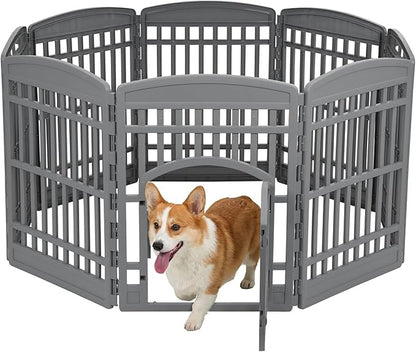 IRIS USA 34" Dog Playpen Tall Dog Playpen Indoor – 8-Panel Puppy Playpen with Door, 63 x 63 x 34, Extra Tall Dog Play Pen Indoors for Large Dogs, Plastic Pet Playpen, Indoor Dog Pen, Gray