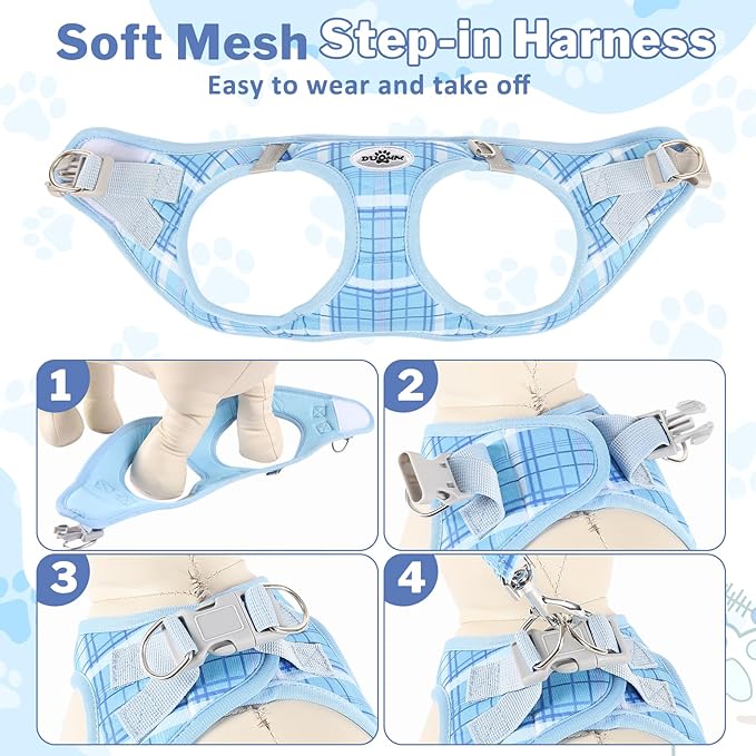 Gyuzh No Pull Dog Harness - 3-in-1 Step in Harness Collar Leash Set for Small Dog Walking & Training, Easy Walk Style, Lightweight Plaid Vest (Blue, M)