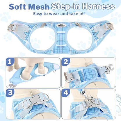 Gyuzh Small Dog Harness and Leash Set for Puppy & Kitten - 3-in-1 No Pull Step in Vest Collar, Lightweight Reflective Plaid, Padded Handle (Blue, XS)