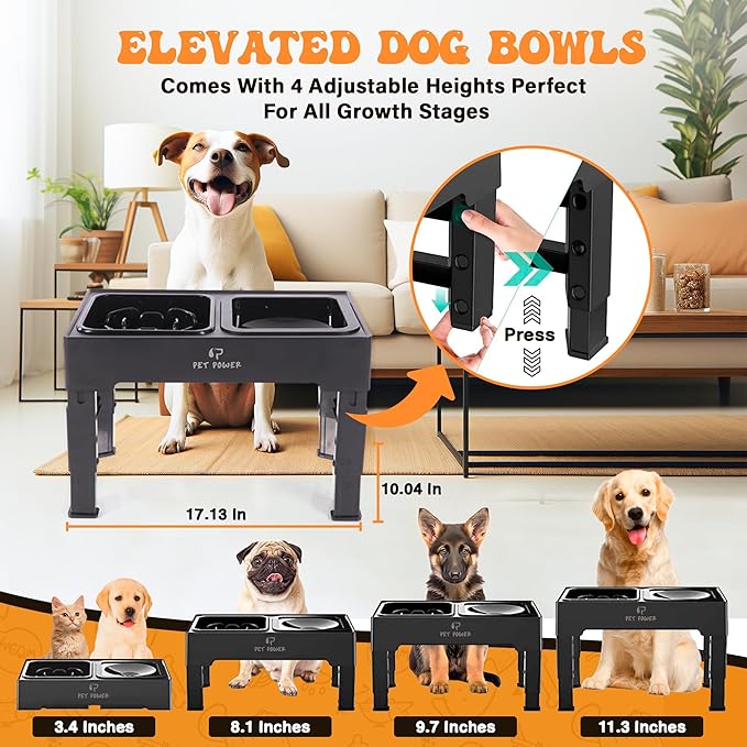Dog Bowls Elevated Large Breed, Raised Dog Bowl Stand with 4 Adjustable Height, Slow Feeder Dog Bowls & No-Spill Water Bowl for Small, Medium, Large Dogs