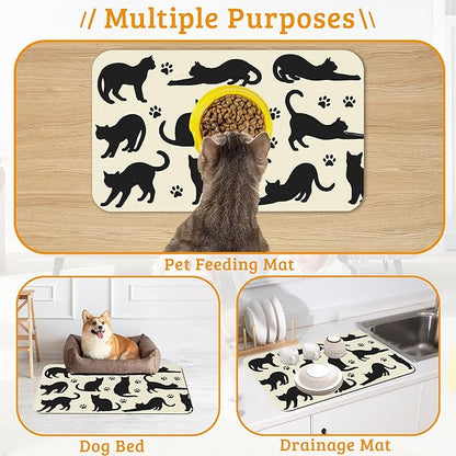 Pet Feeding Mat,Cat Silhouette Absorbent Dog Cat Food Mat Dog Mat with Rubber Backing,Non-Slip Water Bowl Placemat,Pet Supplies 12" x 20"