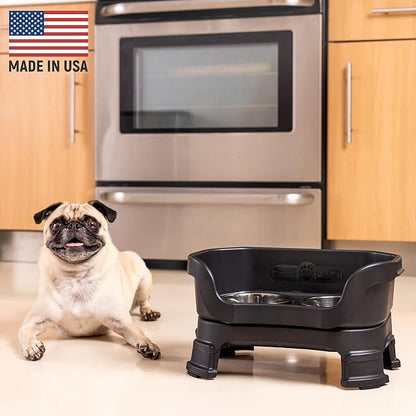 Neater Feeder Deluxe Mess-Proof Elevated Dog Bowls for Small Dogs (Up to 19 lbs), 2 Height Adjustable (6” & 7.5”) No-Spill Raised Dog Bowl Stand, Stainless Steel Food Bowl Set, Made in USA, Black