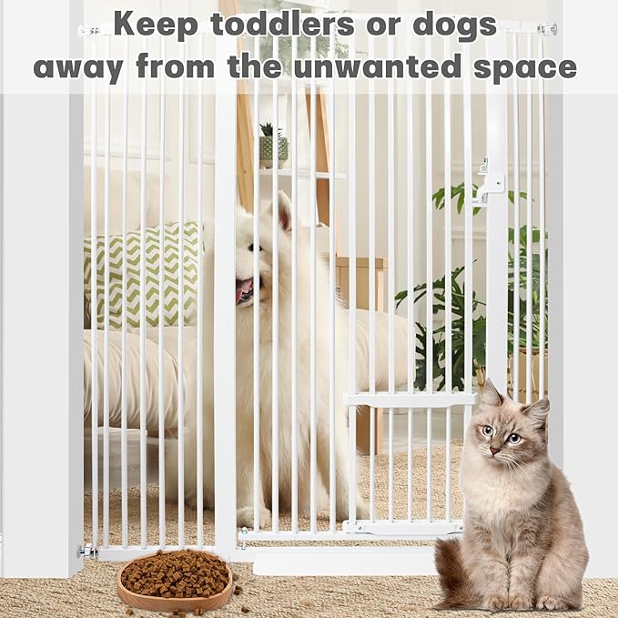 SHYUJAJIE 55 Inch Extra Tall Pet Gate with Small Cat Door,29.55"-46.06" Adjustable Wide Dog Gate, Tall Cats Gates for Doorway, Stairs, House(White)