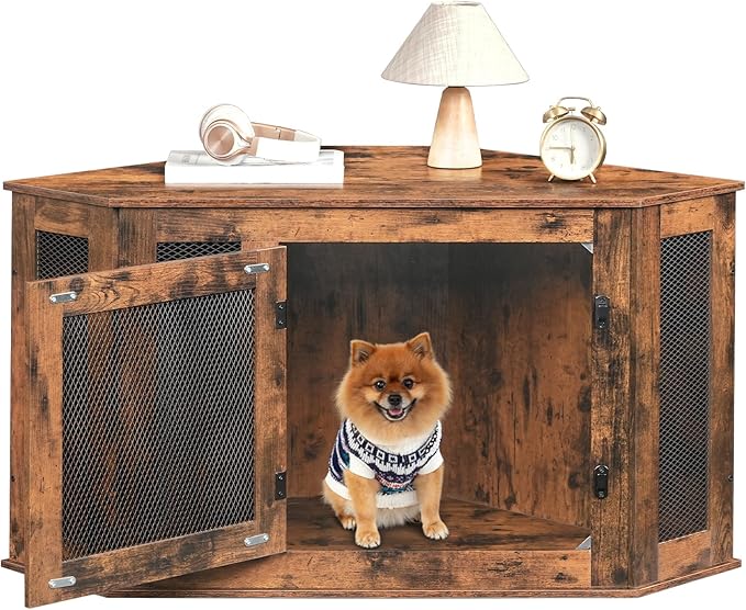 MAHANCRIS Corner Dog Crate Furniture, Wooden Dog Kennel End Table, Decorative Pet Crate Indoor Use, Furniture Style Dog House for Small Medium Dog, Dog Cage TV Stand, Rustic Brown DCRB0801