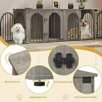 Hzuaneri 63" Dog Crate Furniture for 2 Dogs, Heavy Duty Indoor Dog Kennel TV Stand, L Wooden Dog Cage with Divider for Medium Large Dogs, End Table Dog Crate with Cushion, Greige Black DFC80905B