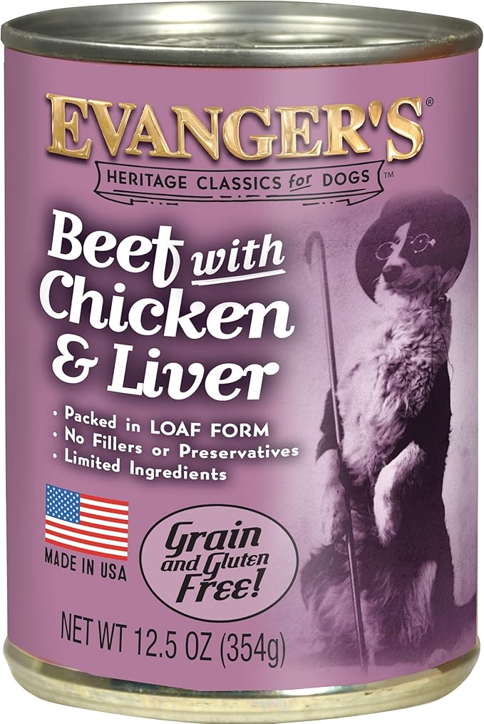 Evanger's Heritage Classic Beef with Chicken & Liver Dog Food – 12 Count, 12.5 oz Each – Loaf Style Recipe with Proteins – Wet Dog Food – Grain & Gluten Free