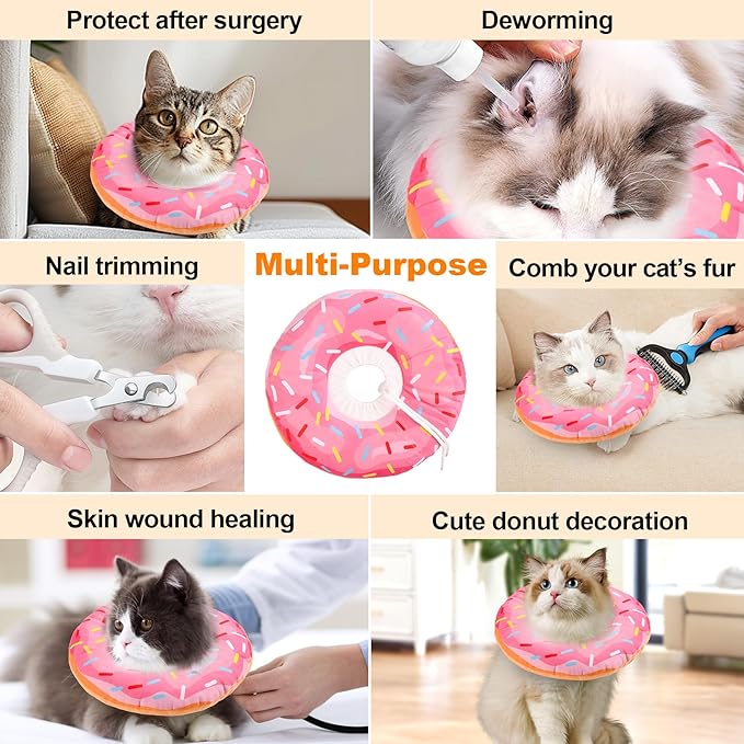 Cat Cone Collar Soft, Comfortable Cat Donut Collar After Surgery, Adjustable Elizabethan Recovery Collars & Cones to Stop Licking, Lightweight Neck Collar Soft Cone for Cats Kitten (Pink, Medium)