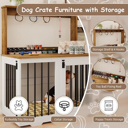 31'' Wooden Dog Crate Furniture with Storage Shelf & 4 Hooks - Heavy Duty Dog Kennel for Small/Medium Dogs, Indoor Pet Cabinet, Side Table, White