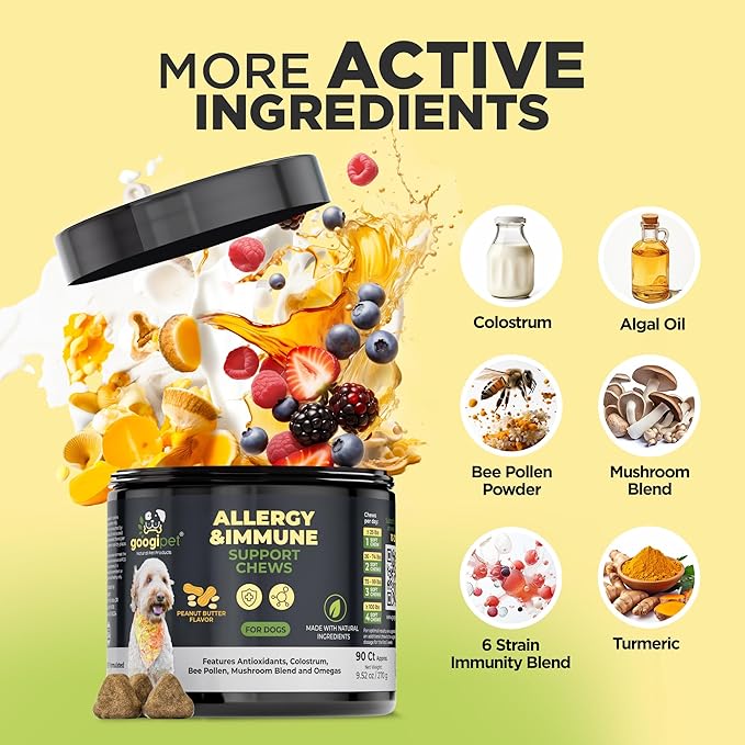 Googipet Dog Allergy Chews, Seasonal Dog Allergy Relief & Itchy Skin Relief, Skin & Coat Supplement Colostrum, Coconut Oil, Omega 3 Fish Oil, & Bee Pollen for Dogs Itch Relief (Peanut Butter Flavor)