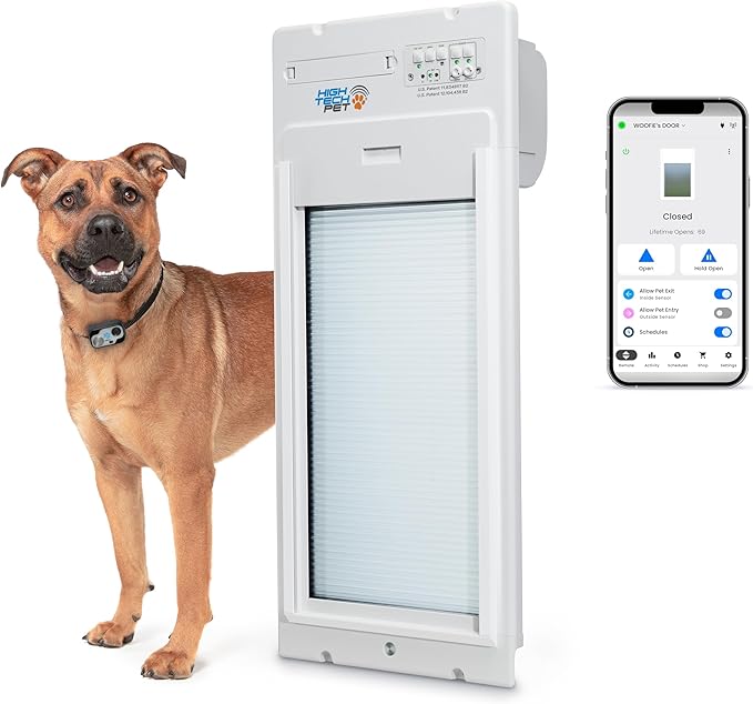 Power Pet Automatic ROLL UP Door by High Tech Pet Brand - Motorized Panel Rolls Up - Pet Operated - Remote App Control - 24/7 Exit & Entry Timers (Medium, Door Mount)