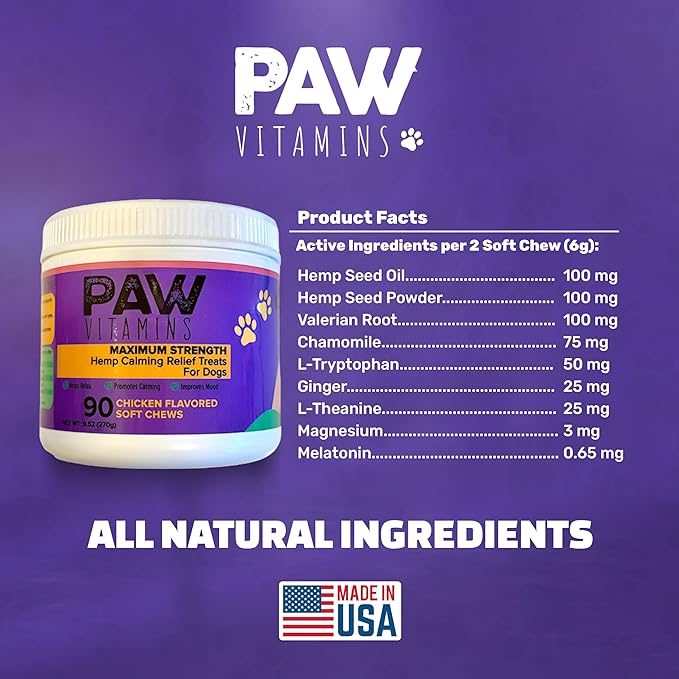 Natural Calming Dog Chews (Made in the USA) - with Hemp Oil, Chamomile, Tryptophan, Melatonin & Valerian Root - 90 Count - No THC