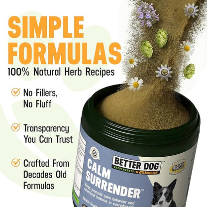 Better Dog Supplements Calm Surrender by Cesar Millan – Natural Dog Calming Powder for Stress, Anxiety, Grooming, Travel & Thunderstorms – Catnip, Chamomile & Valerian – 4oz, (60-Day Supply)